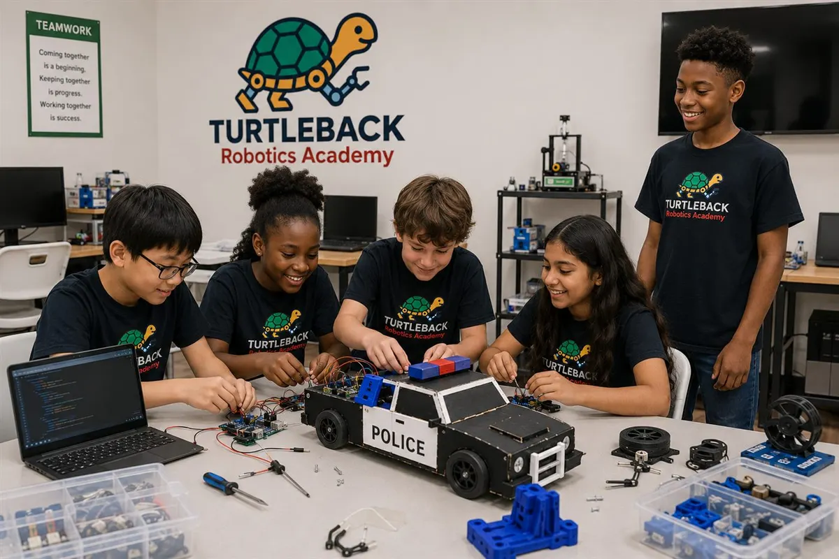 Students at Turtleback Robotics Academy building a robotics project together