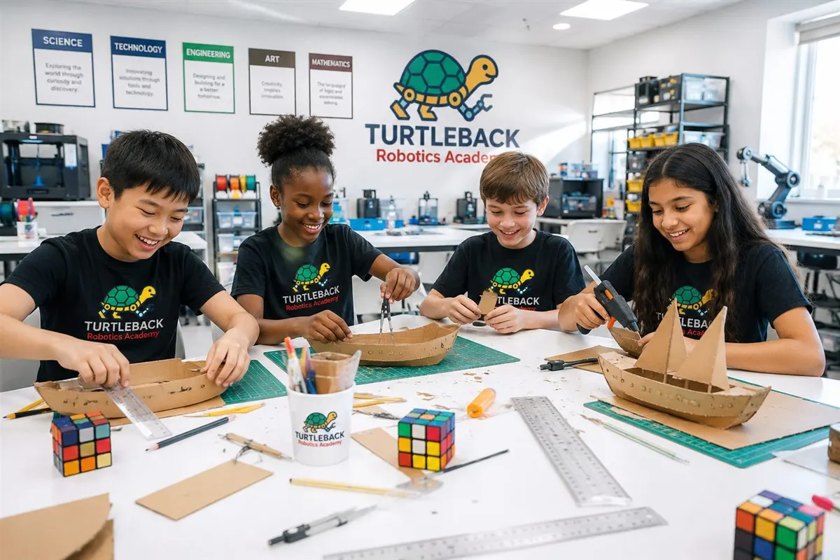 Students at Turtleback Robotics Academy working together on a cardboard boat build