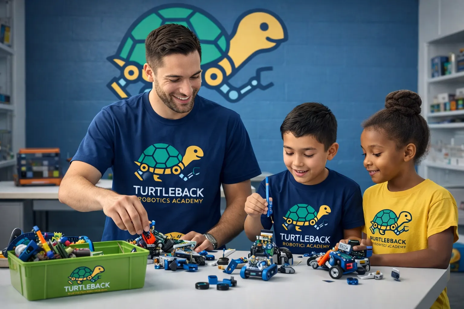 Instructor and students building robots at Turtleback Robotics Academy